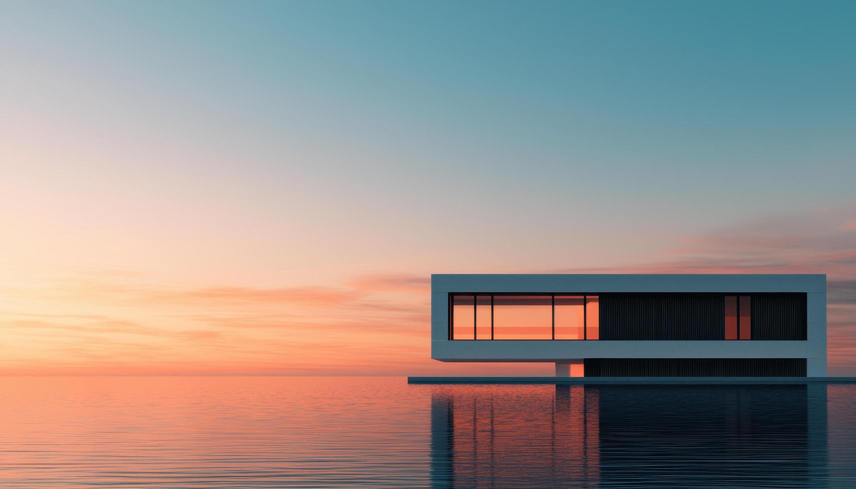 Modern Architectural Building Against Sunset Background Serene Water Environment Aesthetic Viewpoint photo