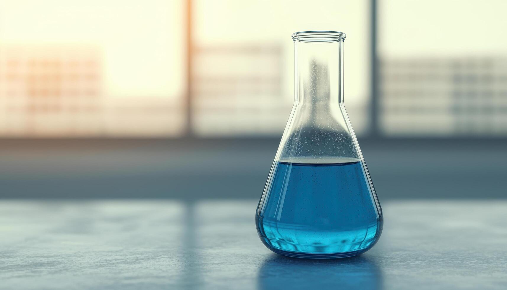 Laboratory Experiment with Blue Liquid in Glass Flask Modern Workspace Science Background Copyspace photo