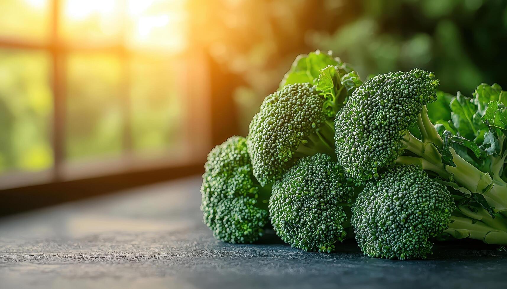 Fresh Broccoli Bunch Garden Background Close-Up Image with Copyspace for Culinary Use photo