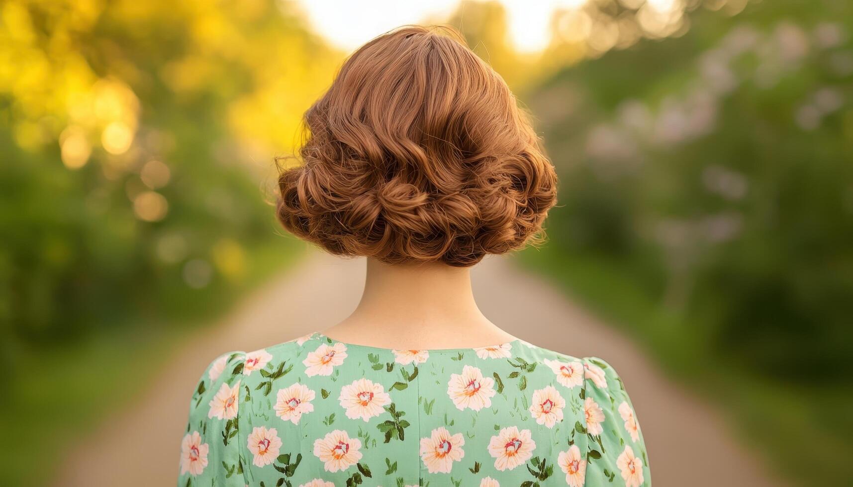 Woman with Curly Hair Walking Down a Scenic Path Nature Background Copyspace for Reflection photo