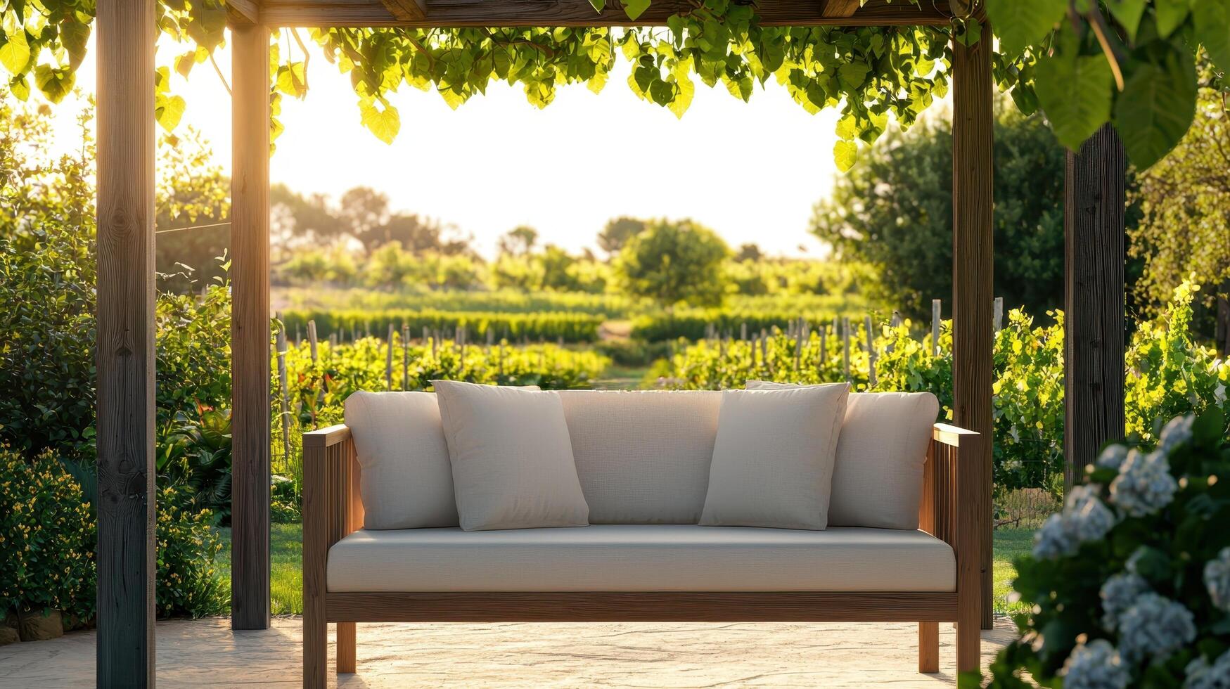 Relaxing Outdoor Sofa with Sunlit Vineyard Background Ideal Copyspace for Lifestyle Content photo