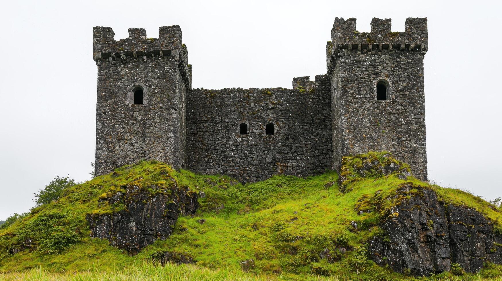Historic Castle Ruins on Green Hill Scenic Background with Copyspace for Travel Enthusiasts photo