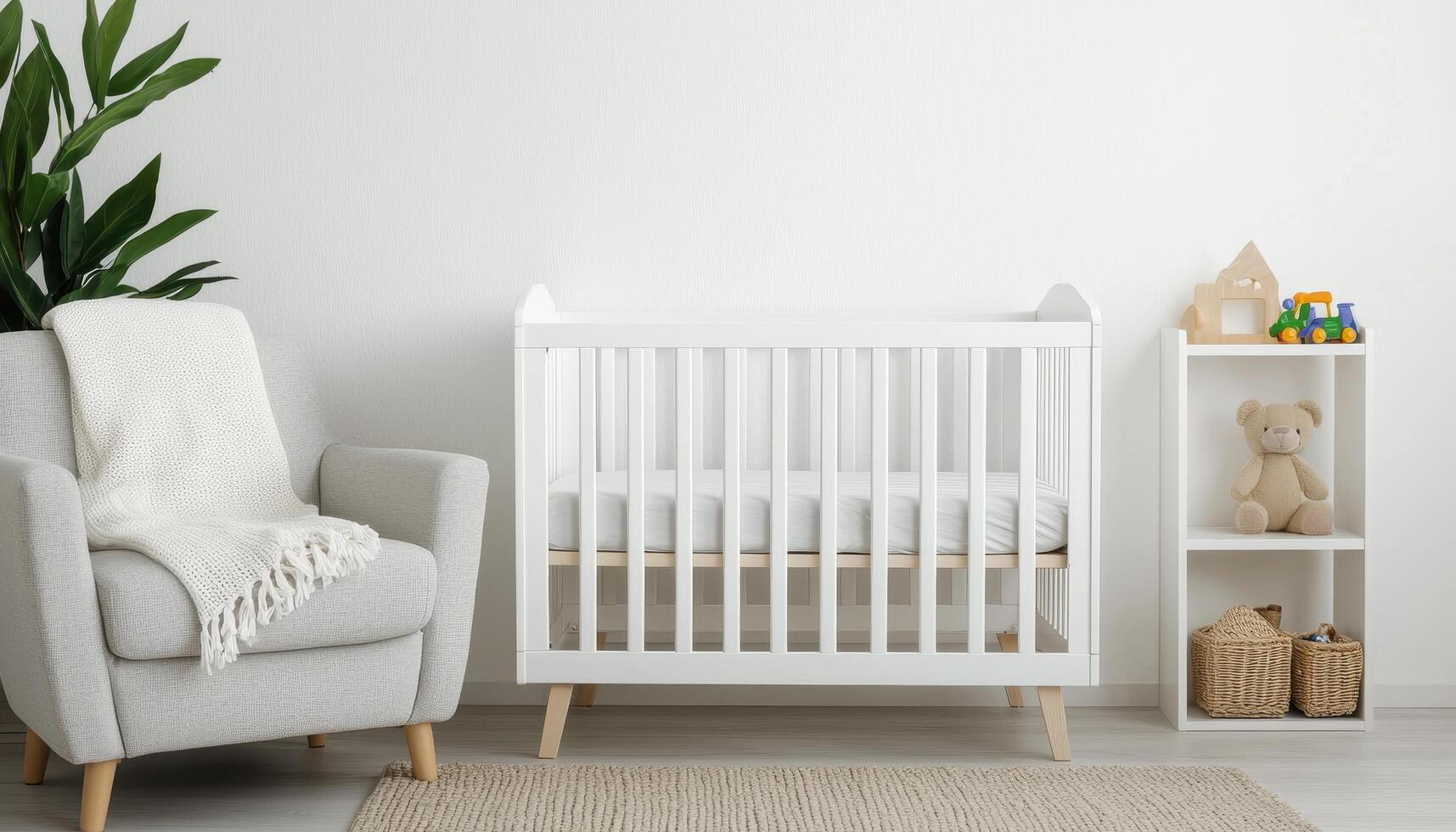 Infant Crib Setup in Bright Nursery Minimalist Design Neutral Background Copyspace for Text photo