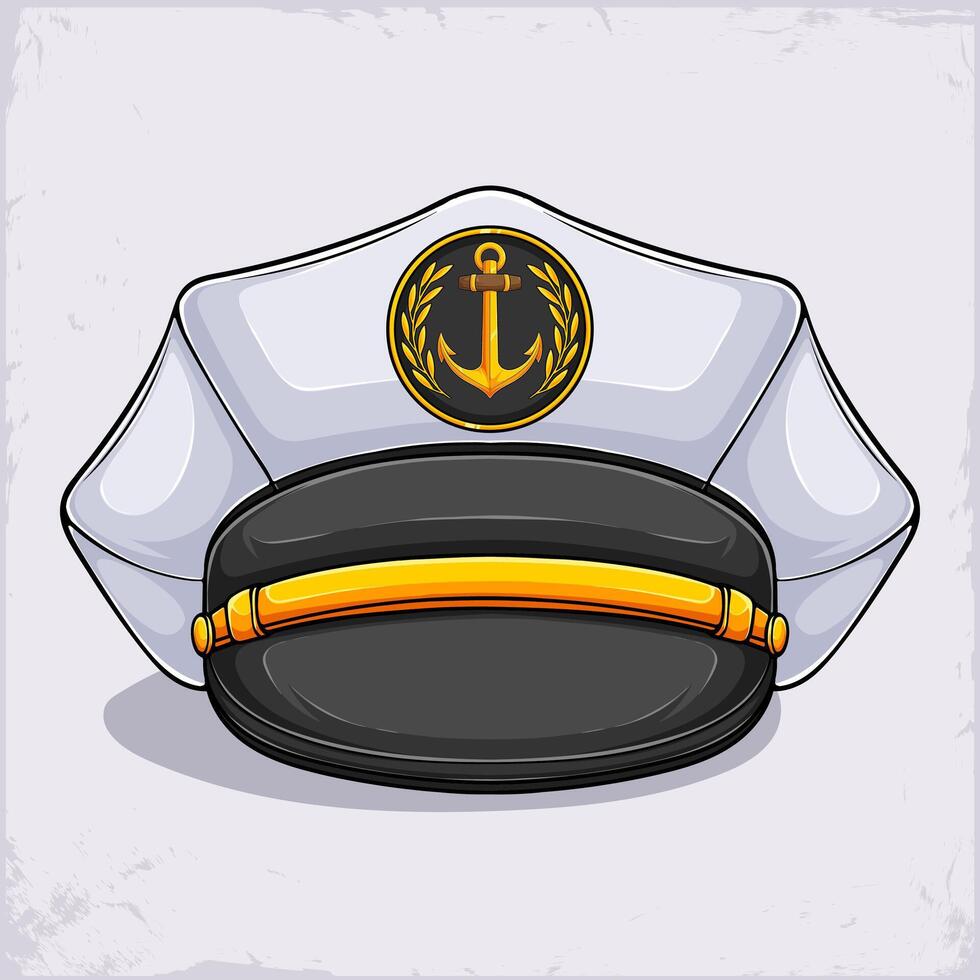 Hand drawn white admiral sailor hat with golden anchor emblem on front, navy captain hat isolated on white background vector