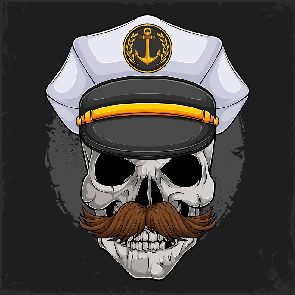 Hand drawn human skull with mustache wearing a white admiral sailor hat with golden anchor emblem on front isolated on black background vector