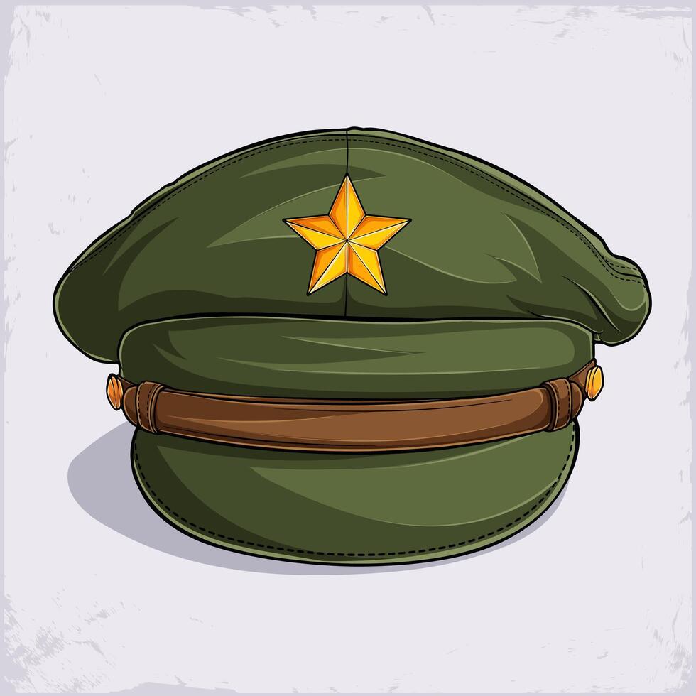Hand drawn green military soldier hat with a golden star on front, army law forces cap uniform isolated on white background vector