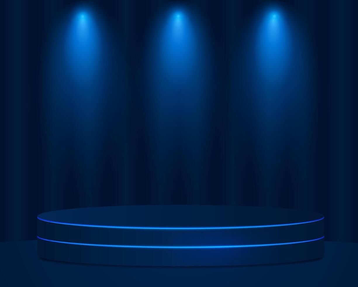 luxury round blue podium in dark room against blue curtains vector