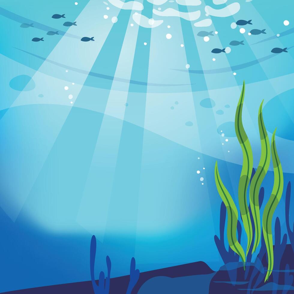 Underwater Ocean Scene. Tranquil Marine Background with Sunlight and Seaweed vector