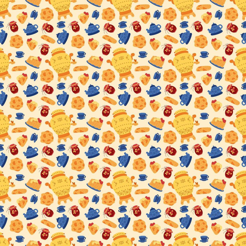 Tea party seamless pattern with samovar. Hand drawn illustration for you projects. vector