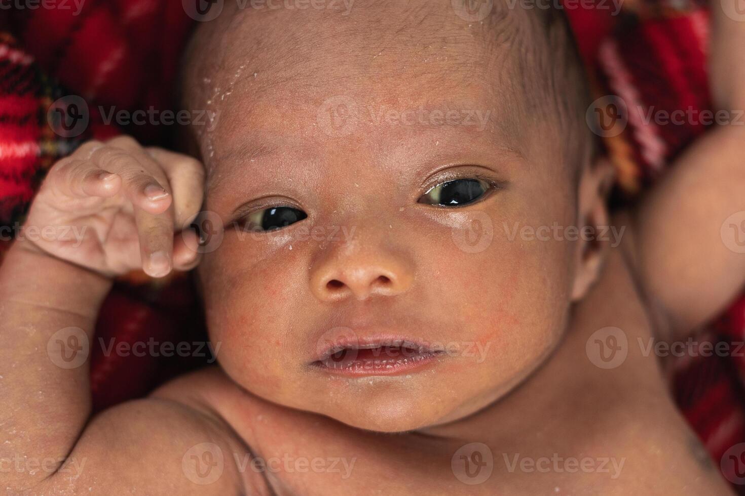 Newborn baby on soft tartan blanket photo