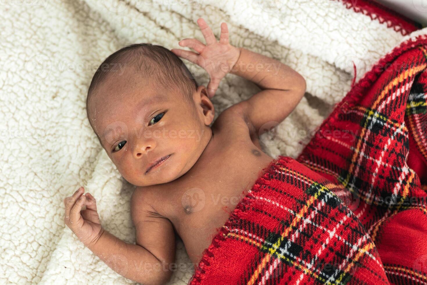 Newborn baby on soft tartan blanket photo