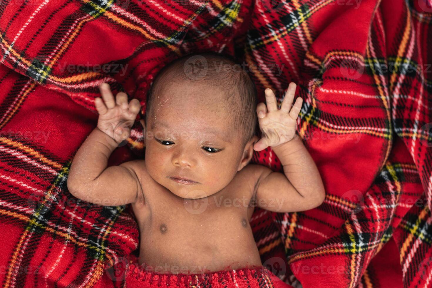 Newborn baby on soft tartan blanket photo