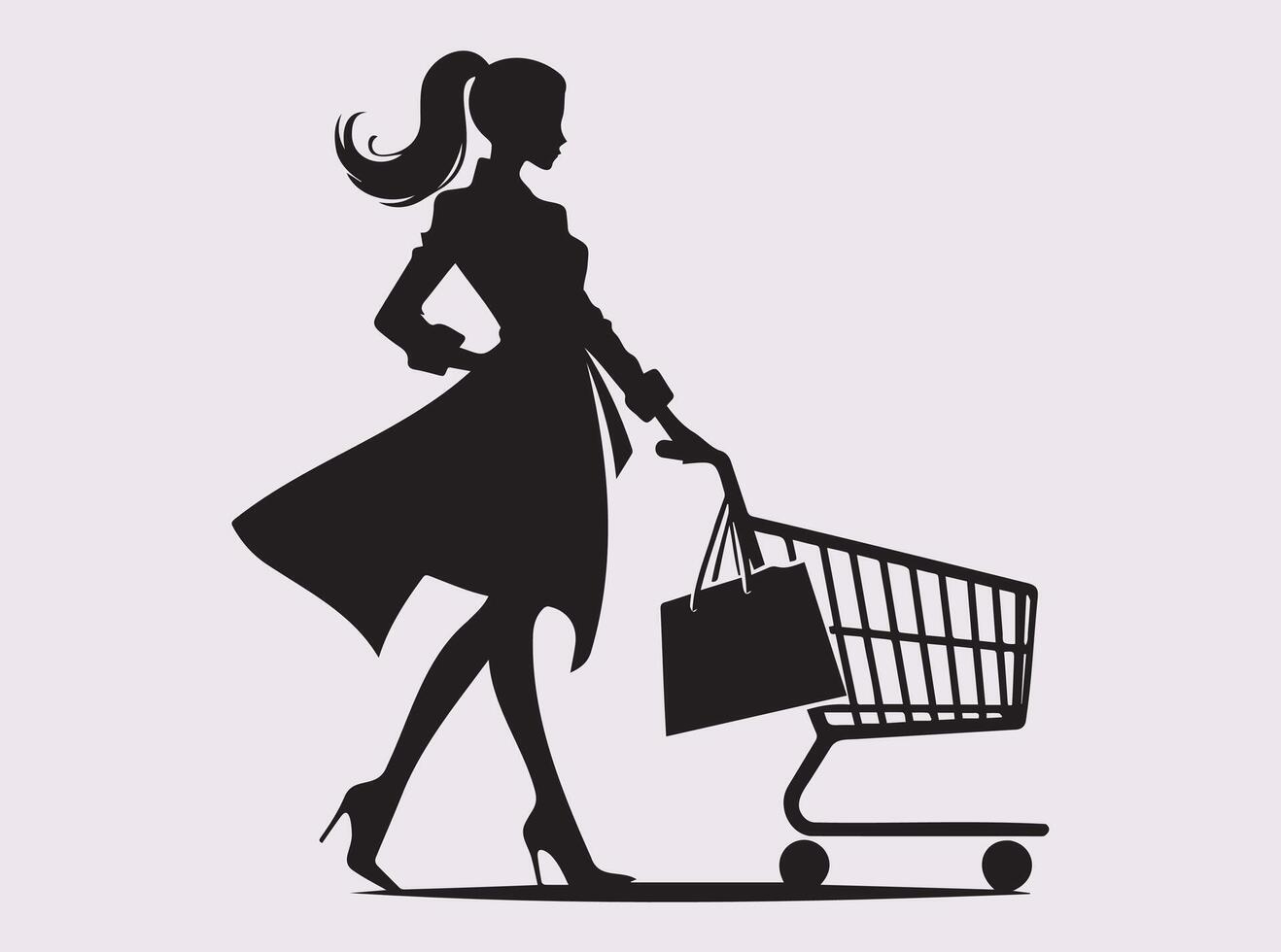 Silhouette of a Woman Pushing a Shopping Trolley for Store and Market Illustrations vector