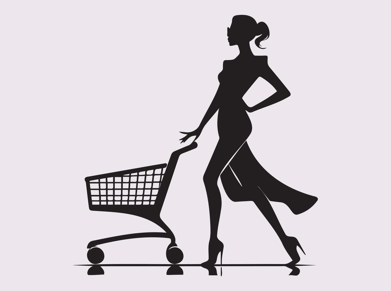 Elegant Black Silhouette of a Woman Shopping with a Trolley for Retail and Grocery Themes vector