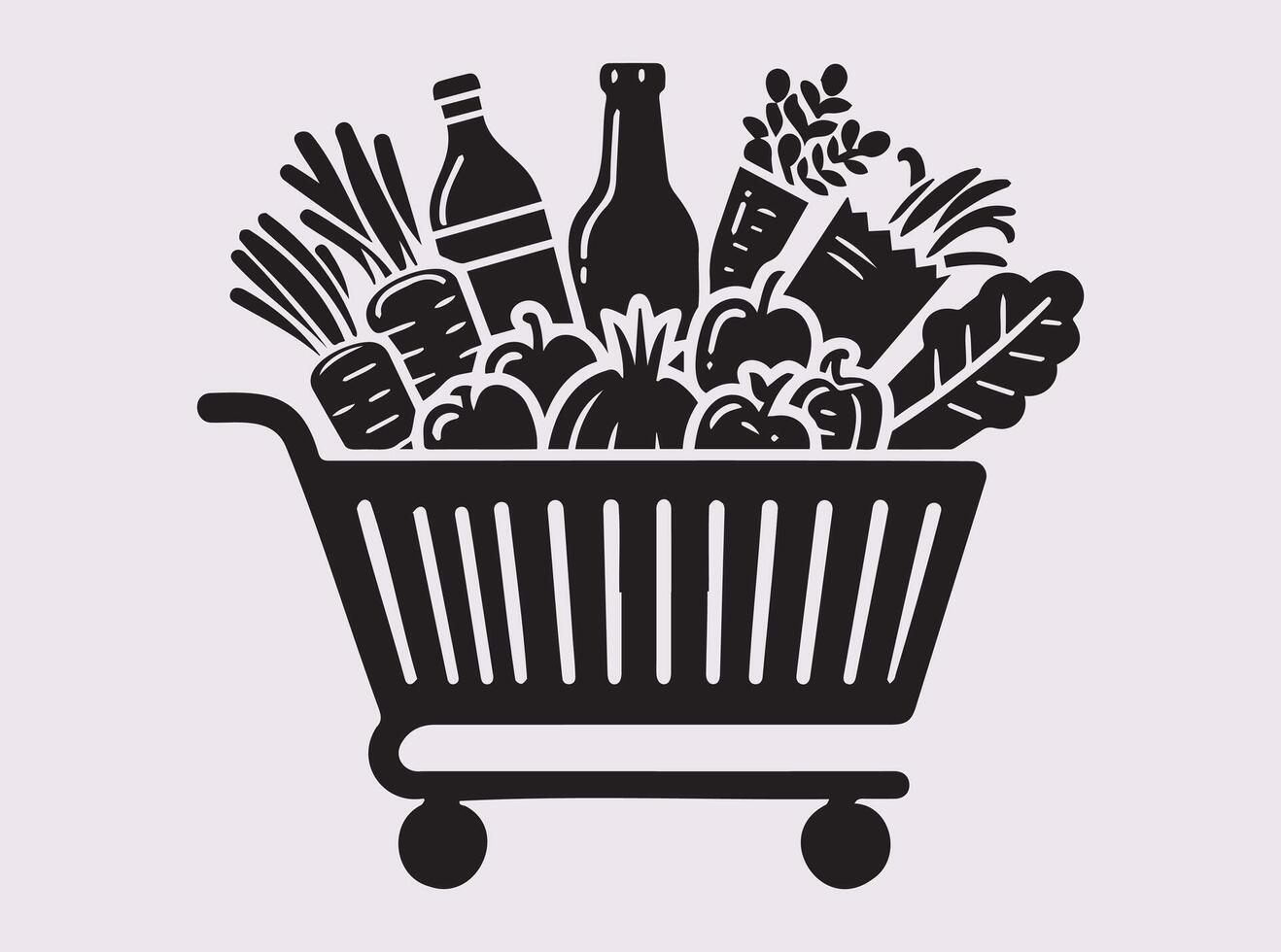 Perfect Black Shopping Cart with vegetables and Soft Drinks Silhouette for Storefront, Buy, and Sell Designs vector