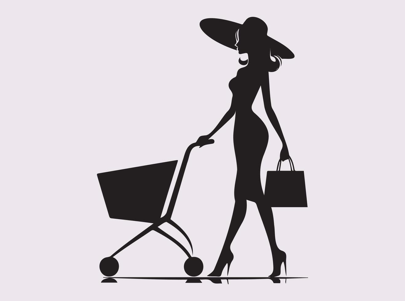 Elegant Female Shopper Silhouette with a Trolley for Supermarket and Mall Designs vector