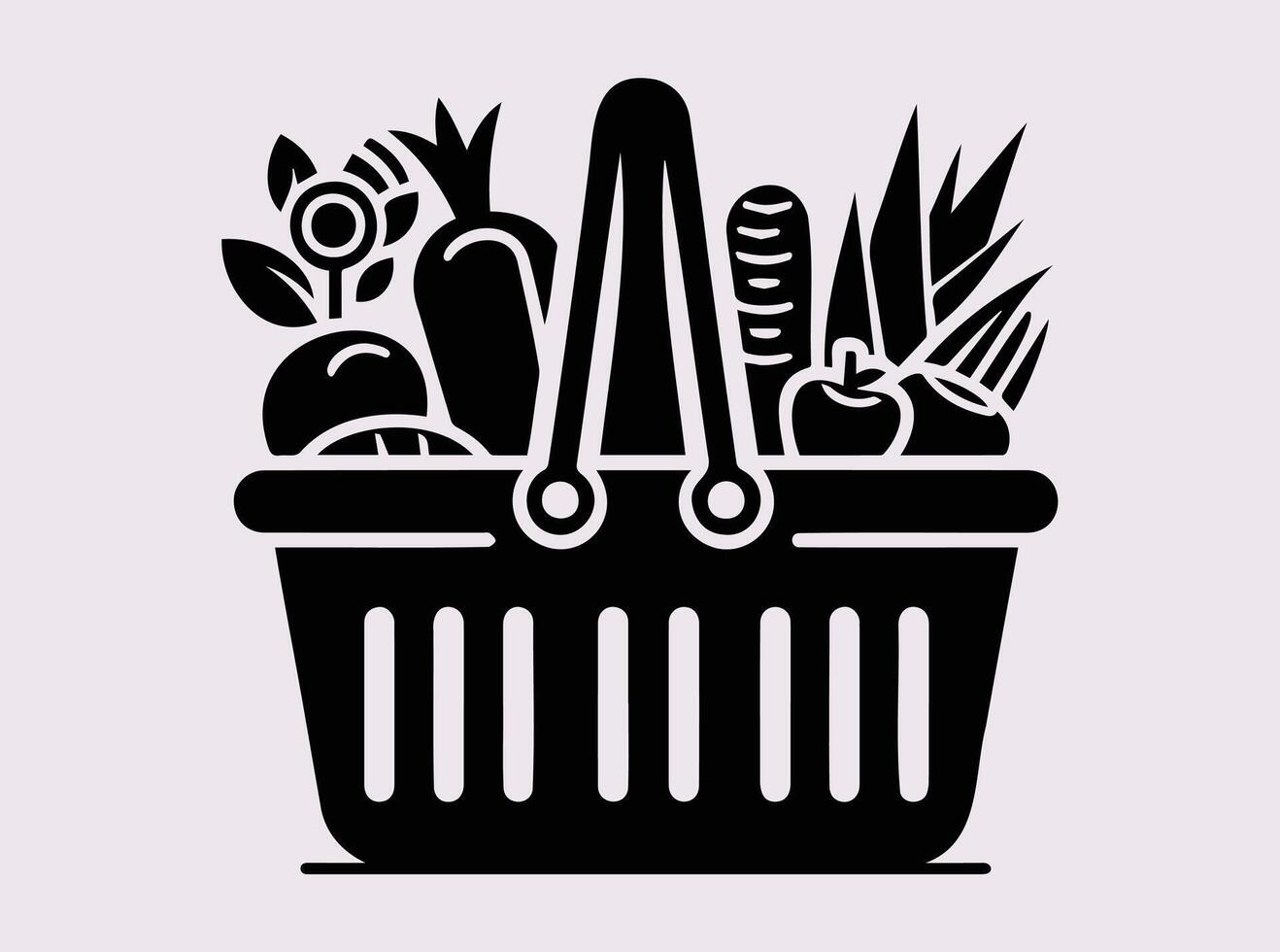 Supermarket Shopping Basket Silhouette with Food and Fresh Vegetables for Advertising and Design vector