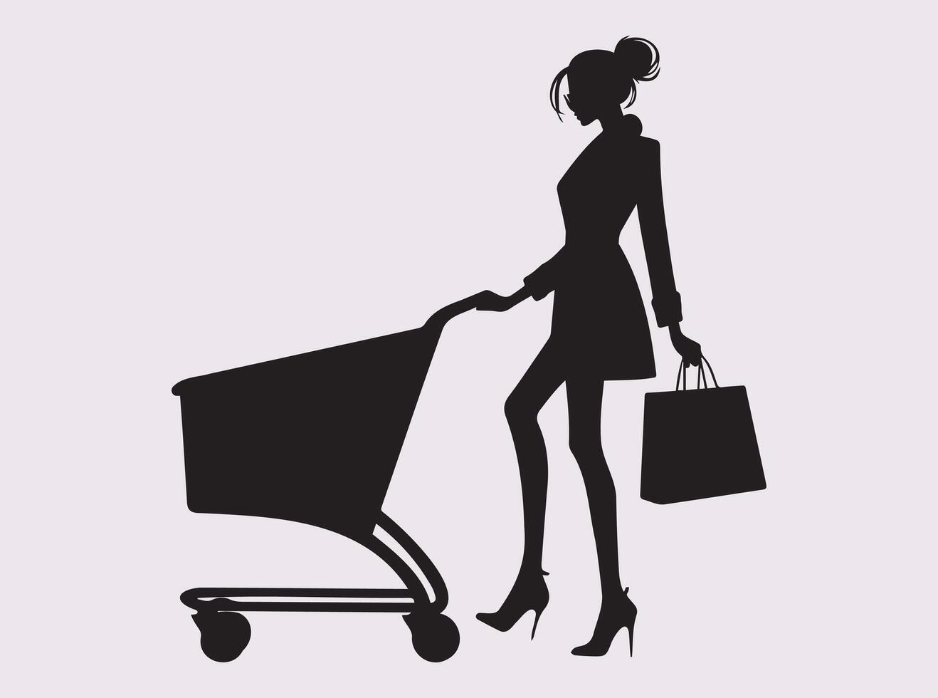 Lady with a Shopping Cart Silhouette for Retail Store and Marketplace Illustrations vector