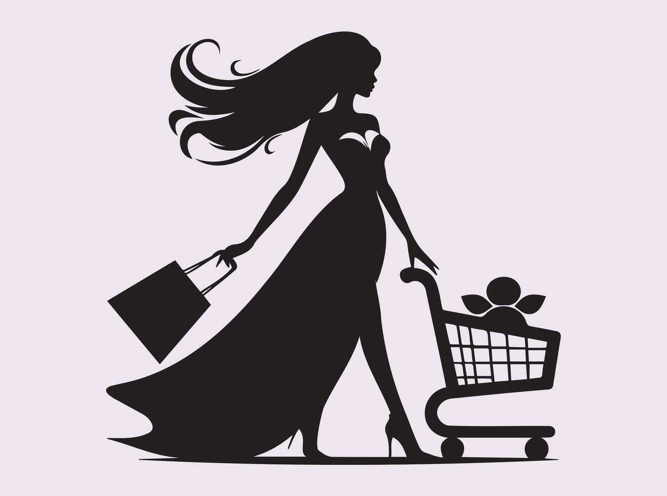 Black Silhouette of a Stylish Woman Shopping with a Trolley in a Supermarket vector