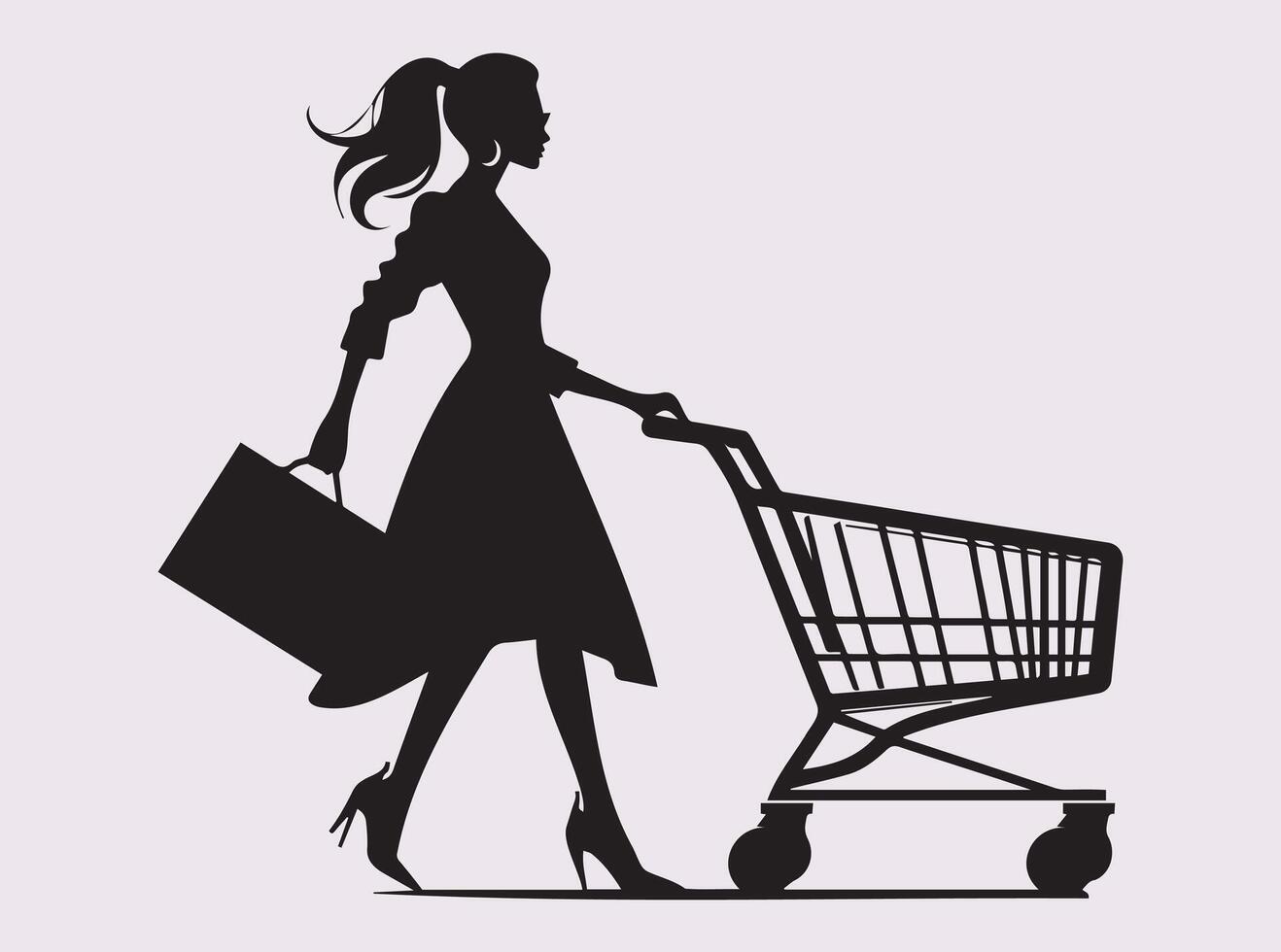Black Silhouette of a Lady Walking with a Shopping Cart for Commercial Concepts vector
