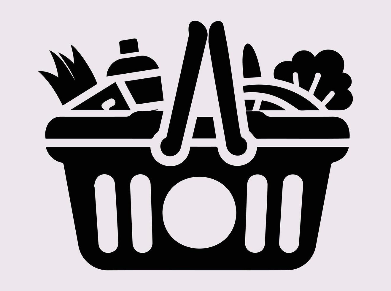 Black Silhouette of a Grocery Basket with Vegetables and Essential Items for Market and Trade vector