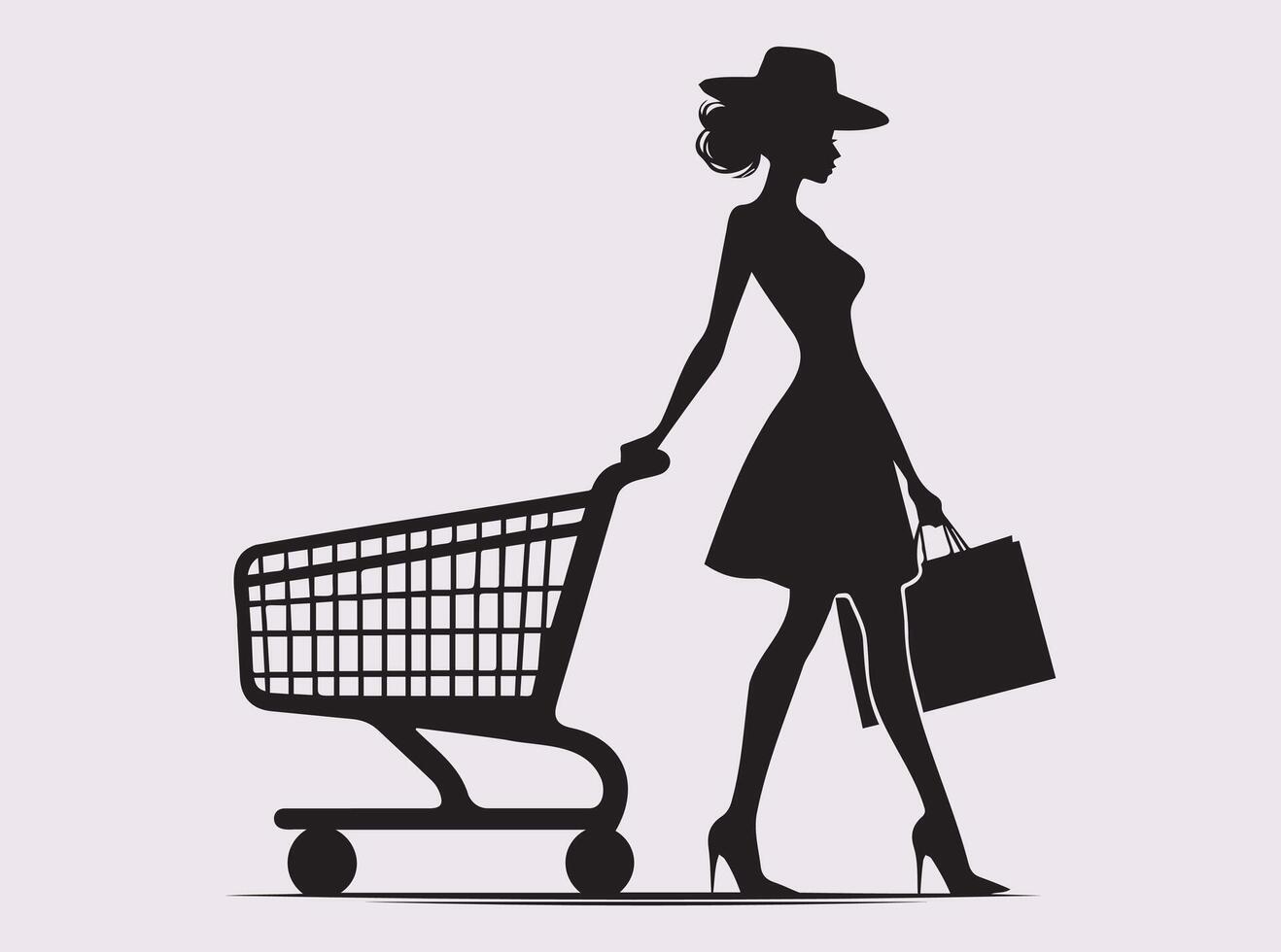 Black Silhouette of a Woman Pushing a Trolley in a Grocery Store or Mall Setting vector