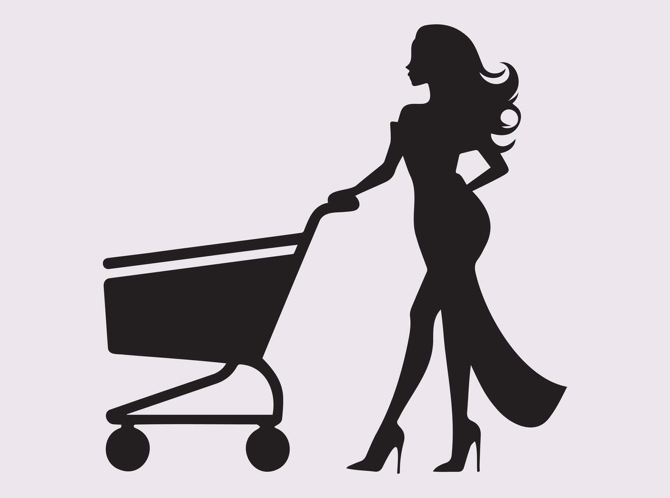 Black Silhouette of a Woman Carrying a Shopping Basket and Pushing a Trolley vector