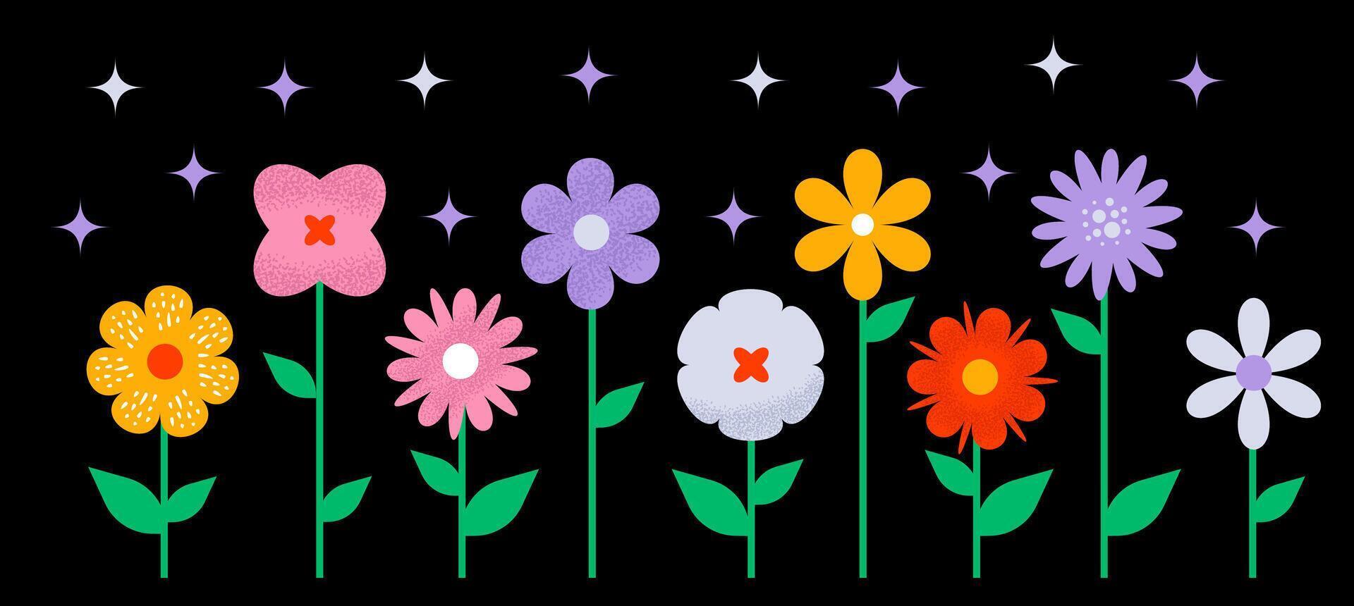 Set of modern minimalist flowers and stars on black background. Simple geometric shapes decorated with texture. vector