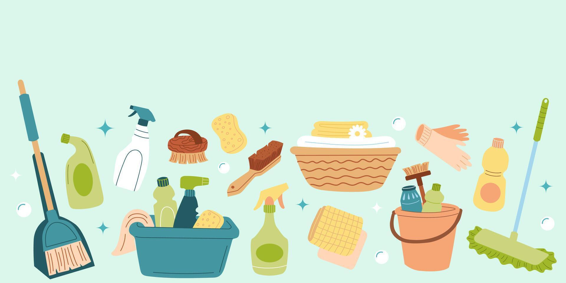 Cleaning service background. Banner template. Home chemical detergent in bottles. Household tools equipment vector