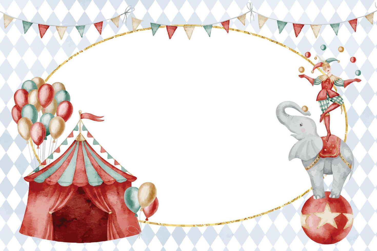 Circus themed card with a carnival Tent, a balancing elephant with clown and pastel balloons. Watercolor illustration of template for Baby shower invitations. Frame for birthday celebrations. vector
