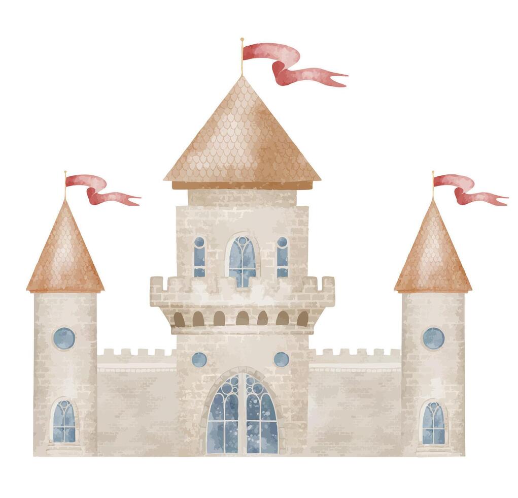 Watercolor castle with Towers, flags, and stone walls. Illustration of Fortress in pastel colors for fairy tale nursery posters. Drawing of citadel in pastel colors for childish greeting card. vector