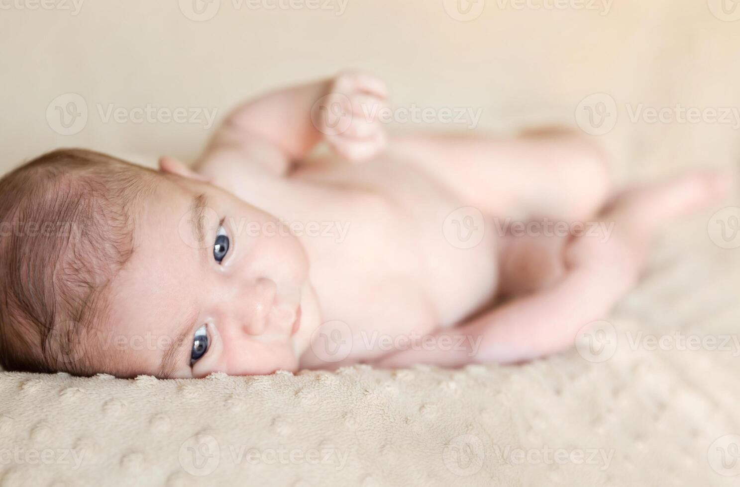 Portrait of newborn baby lying down over a blanket photo
