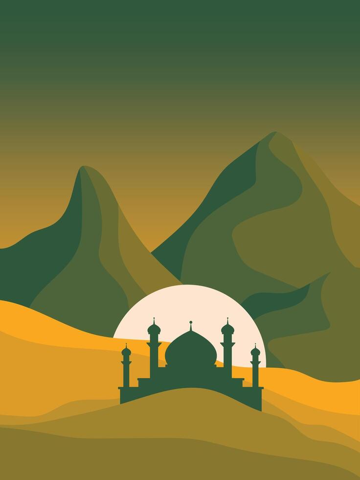 islamic mosque in the desert with mountains and sun vector