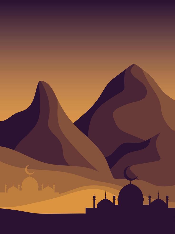 islamic landscape with mosque and mountains at sunset vector