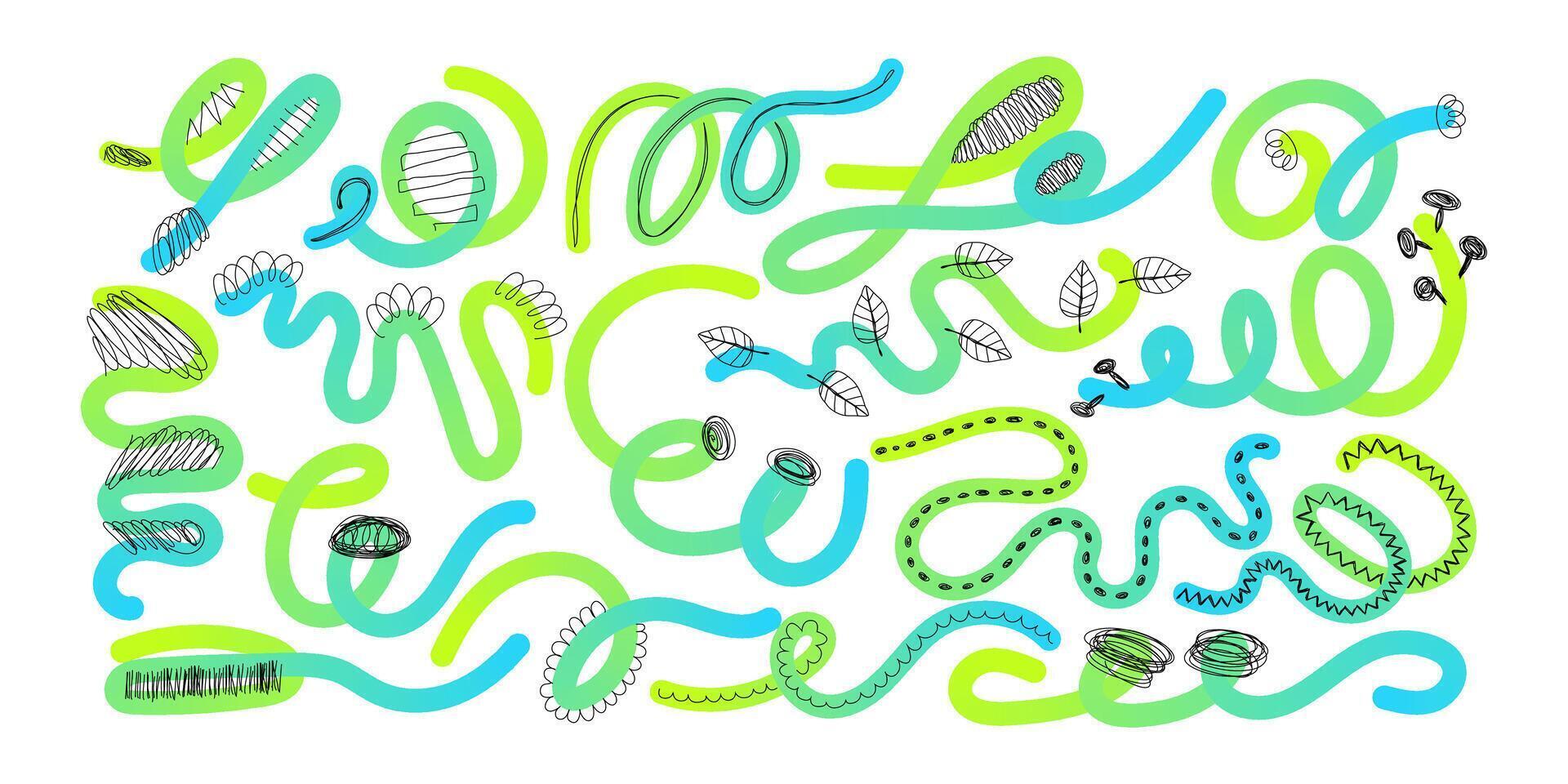 Creative Modern Art Hand Drawn Wavy Lines and Scribble Futuristic Sketches with Vibrant Colors. Playful geometric fluid organic shapes isolated. Trendy colorful freehand line doodles. vector