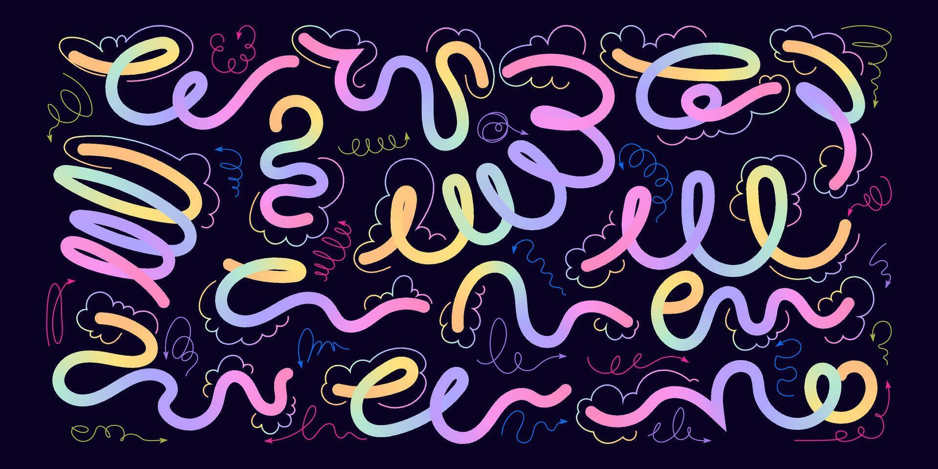 Modern Art with Hand Drawn Wavy Lines and Scribble Futuristic Sketches with Vibrant Colors. Playful geometric fluid organic shapes isolated. Trendy colorful freehand line doodles. vector