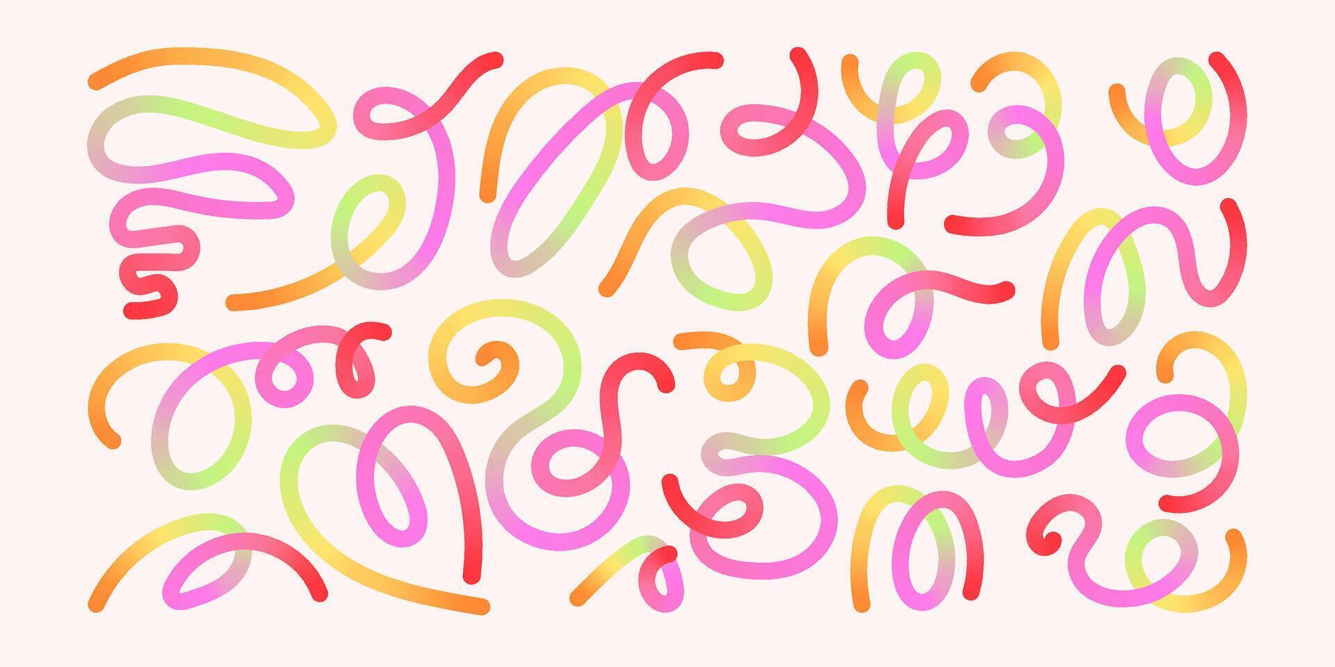 Hand Drawn Abstract Wavy Lines and Scribble Futuristic Sketches with Vibrant Summer Colors. Playful geometric fluid organic shapes isolated. Trendy colorful freehand line doodles. vector