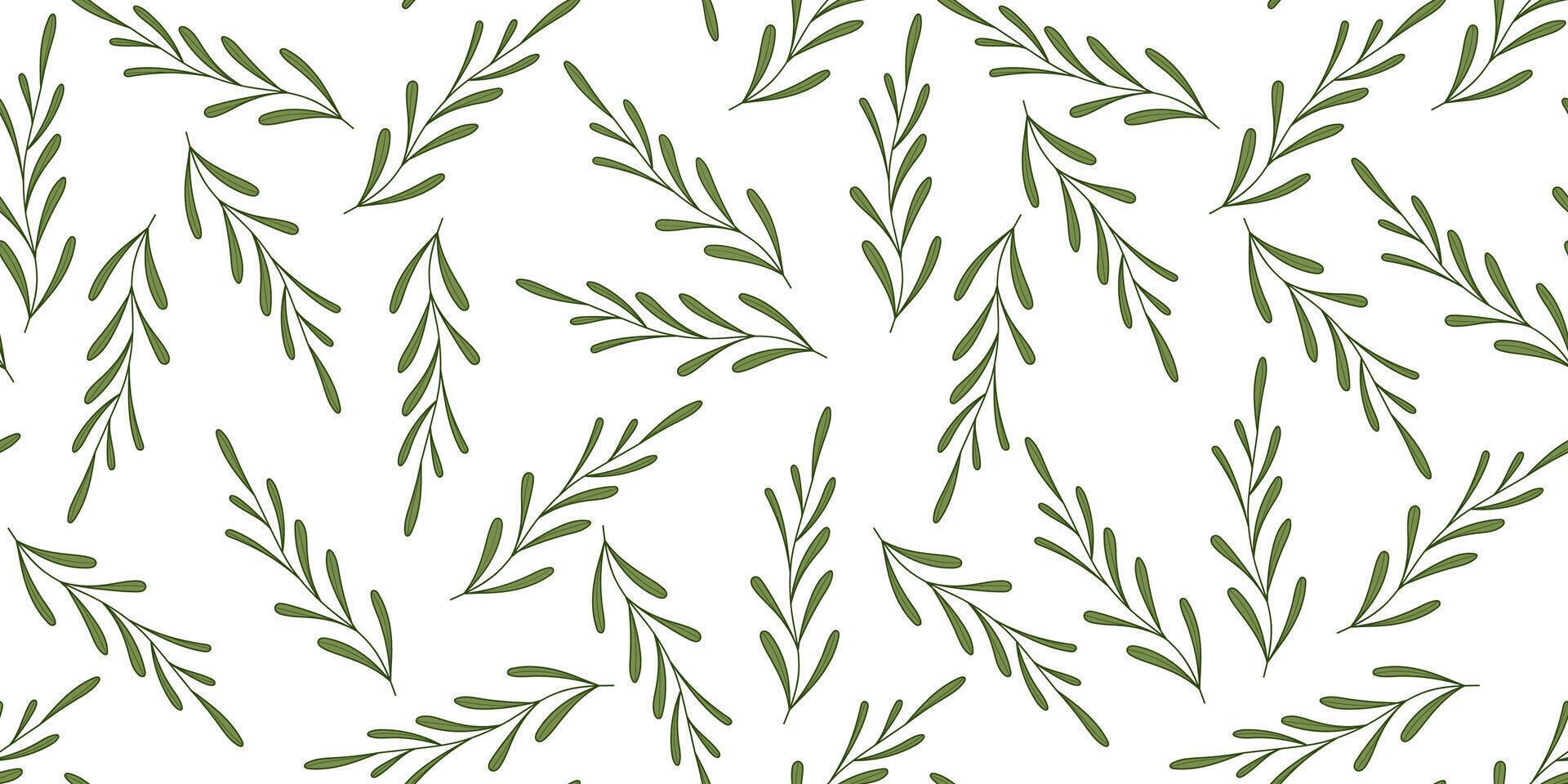 Botanical Hand-Drawn Leaf Seamless Pattern in Line Art style on White Background. Minimal foliage design with green leaves. Perfect for packaging, textile, prints vector