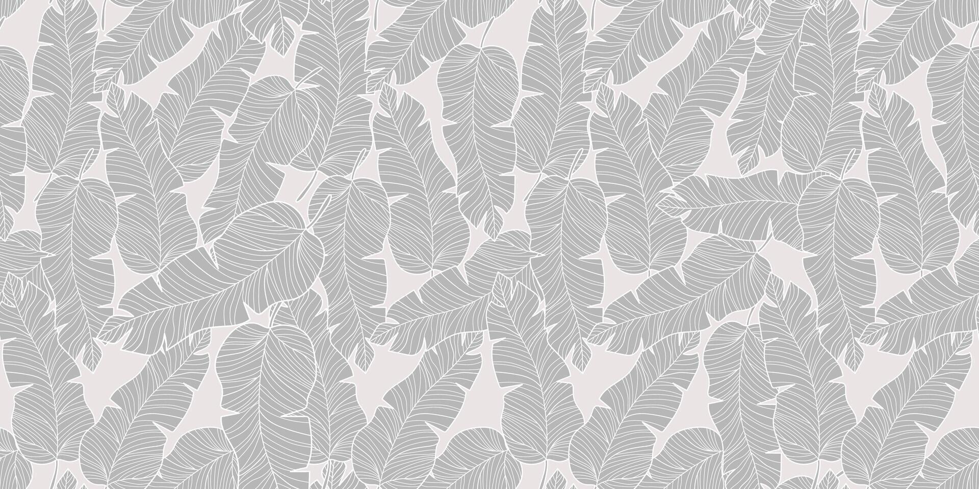 Hand-Drawn Banana Leaves Seamless Pattern in Line Art style on Soft Neutral Background. Foliage background with large tropical leaves in a modern minimalist style. Ideal for packaging design, home vector