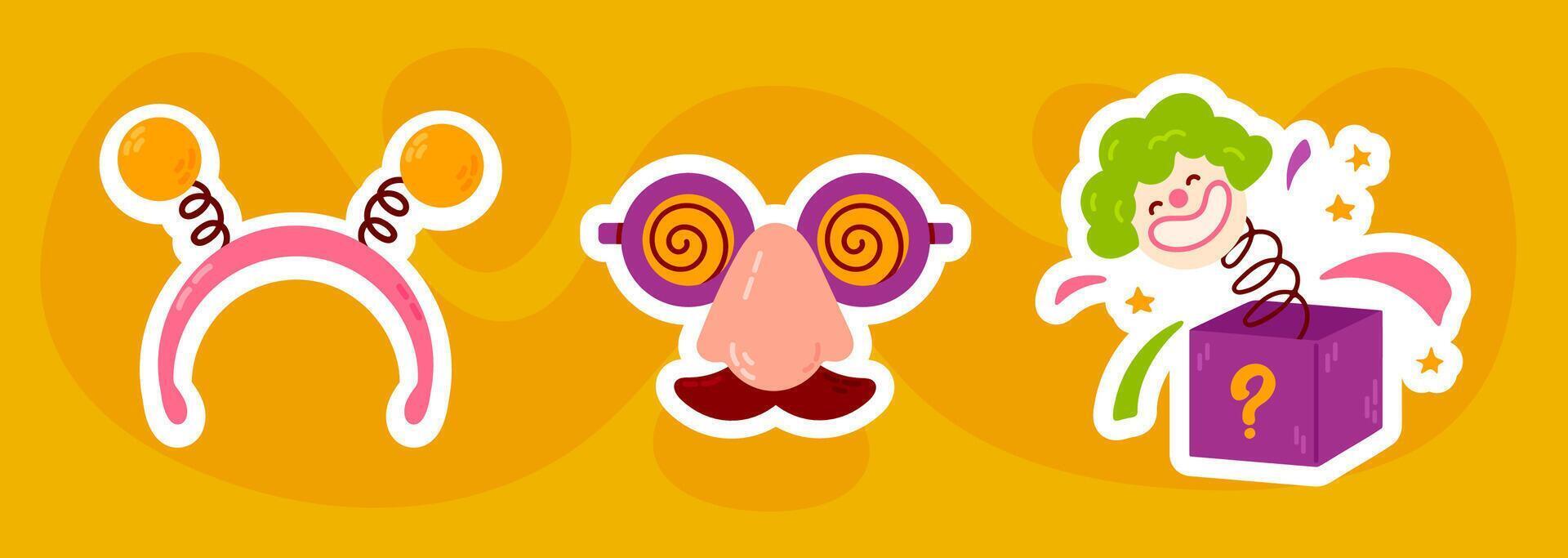 Collection of prank icons for April Fools Day. Colorful stickers with funny disguises, joke items, and accessories for celebration. vector