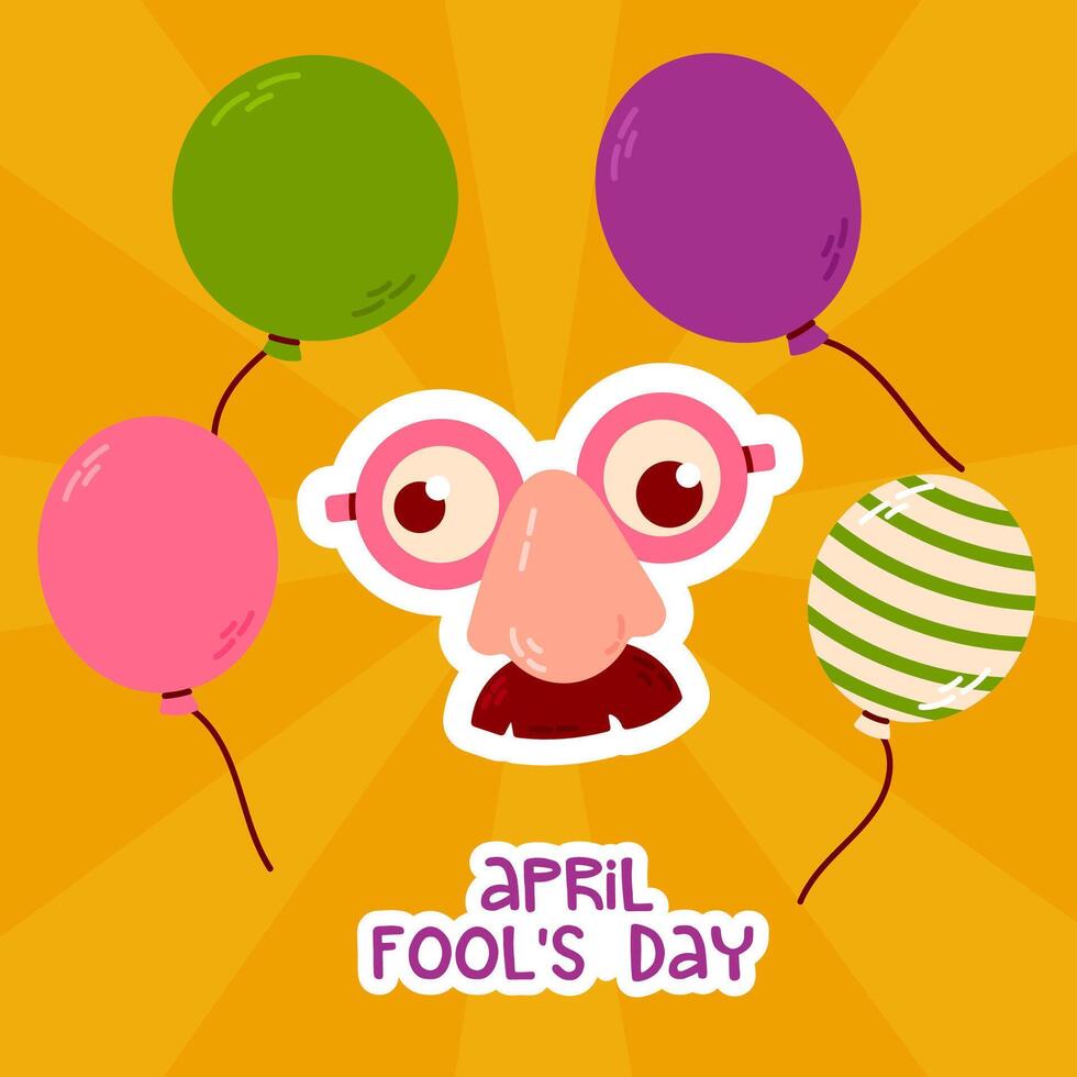 Square greeting card with cartoon April Fools Day accessories, including a funny mask, balloons, and festive decor. vector