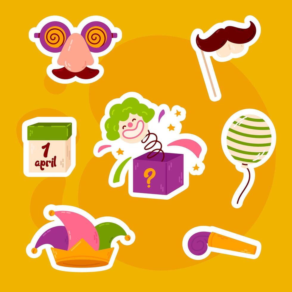 A sticker set with humorous April Fools' Day elements on a bright yellow background. Includes funny glasses, mustaches, surprise boxes, and playful accessories vector