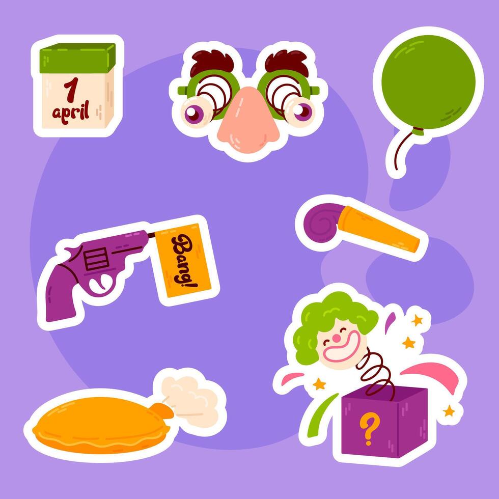 A colorful sticker pack on a purple background featuring playful prank items like funny glasses, surprise boxes, and toy guns vector