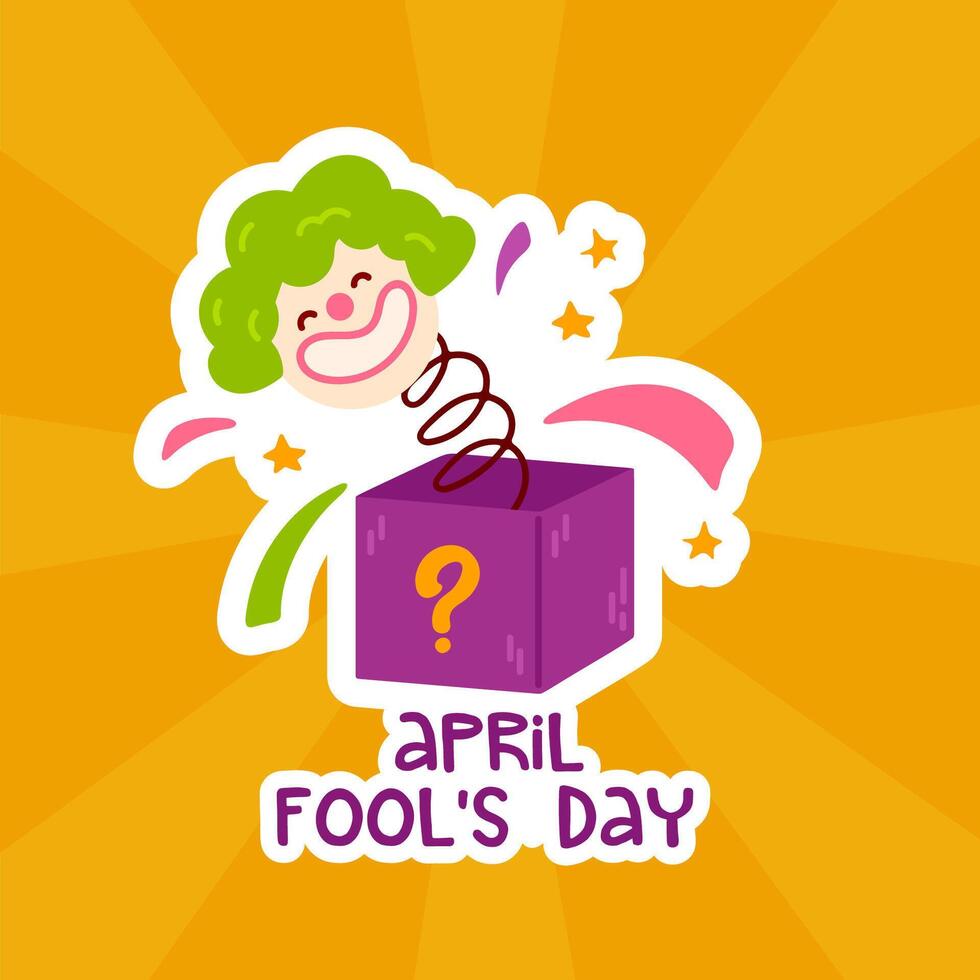 Funny illustration of a surprise prank box with a jumping clown and the text April Fools Day on a bright green background. Perfect for joke-themed designs and greeting cards vector