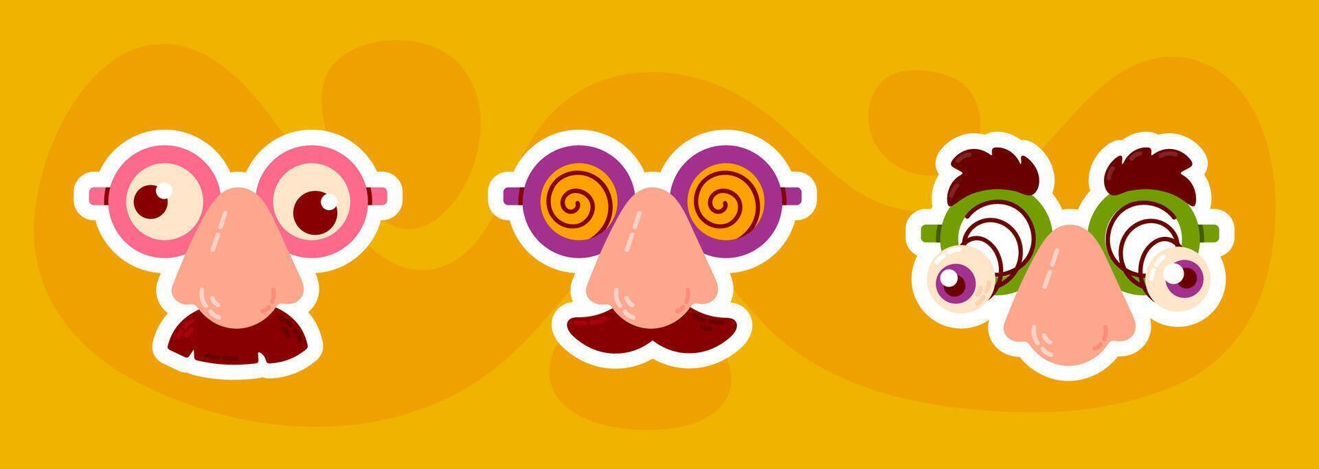 A set of three funny disguise glasses with exaggerated noses and hypnotic spirals, perfect for pranks and parties. vector