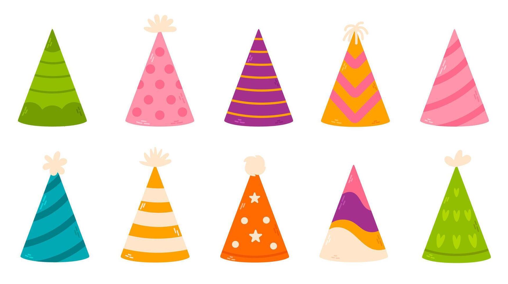 A collection of ten festive party hats in different colors and patterns. Perfect for birthday parties, celebrations, and New Years Eve decorations. Flat illustration vector