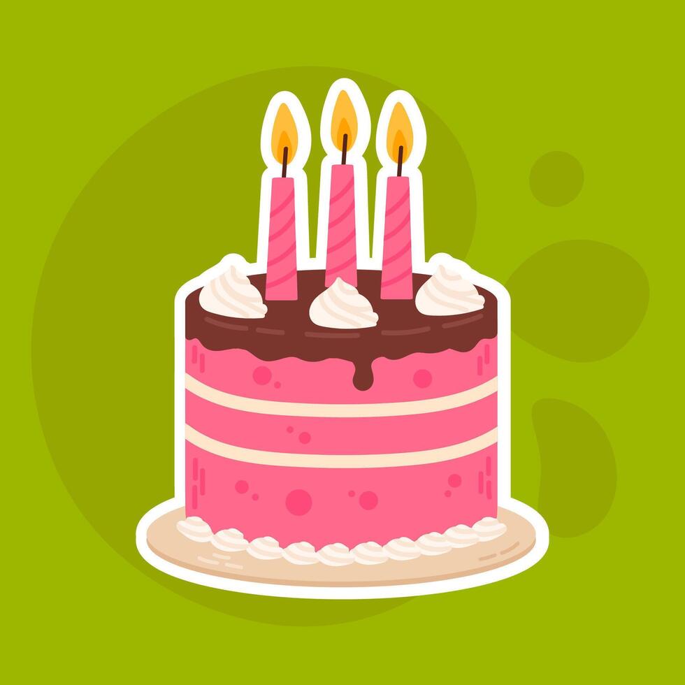 Illustration of a pink birthday cake with chocolate icing and lit candles on a green background. vector