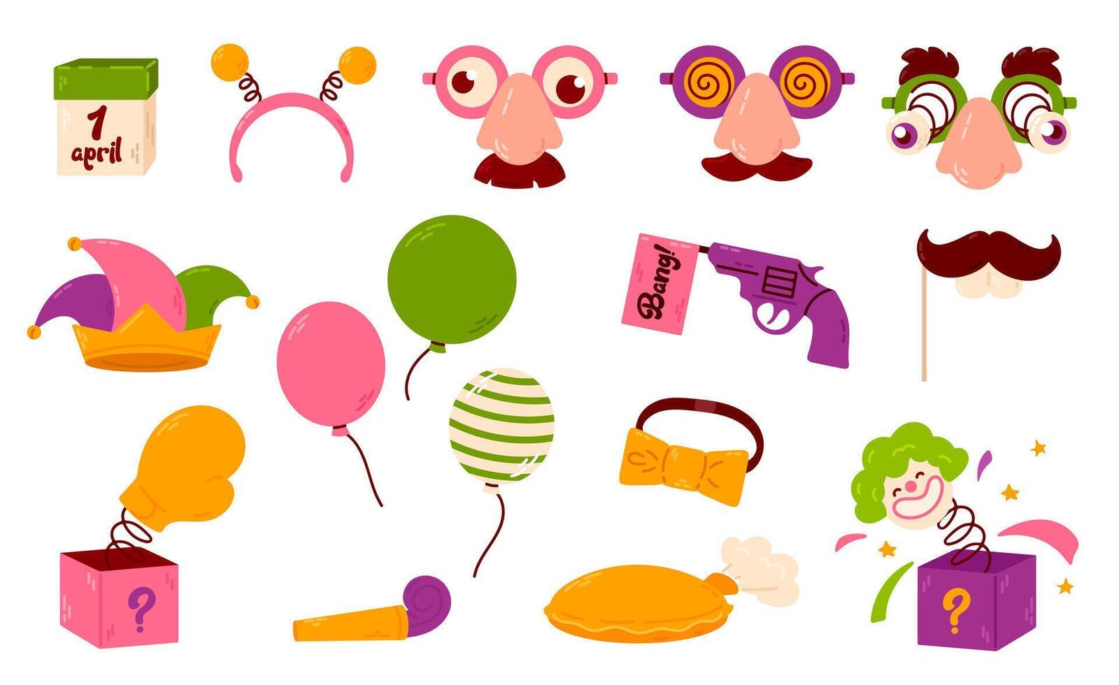 A colorful set of prank and joke items for April Fools' Day, including funny glasses, mustaches, toy guns, balloons, and surprise boxes. Perfect for humor and celebration designs. vector