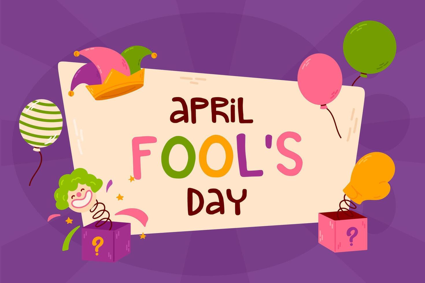 Cartoon banner for April Fools Day with humorous elements, joke props, festive decorations, and prank accessories. vector