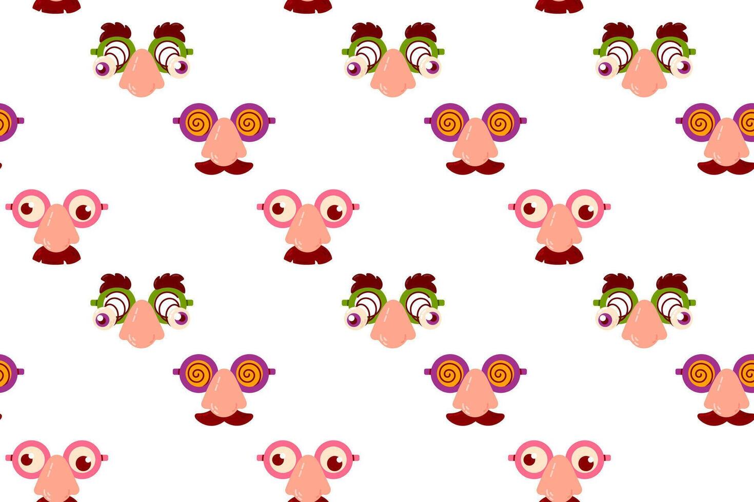 A seamless pattern featuring cartoonish faces with joke glasses, mustaches, and clown noses on a white background vector